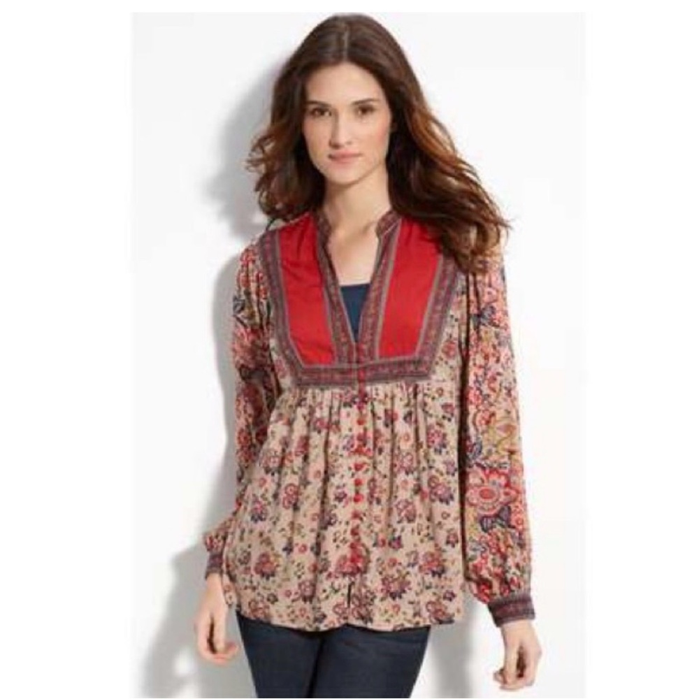 LUCKY BRAND Kate Floral Peasant Top Boho S Rayon Made in India Women Multicolor